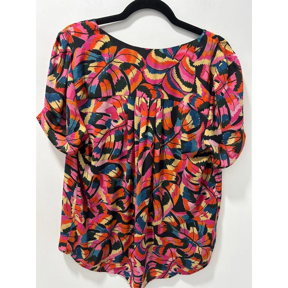 DR2 by Daniel Rainn Tropical Leaf Print Blouse Pink Orange Blue L ZDR12813PR1